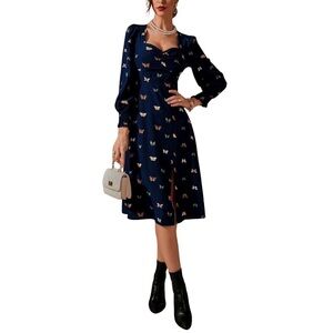 Women's Sweetheart Neckline Long Sleeve High Rise Butterfly Print Split Dress SM